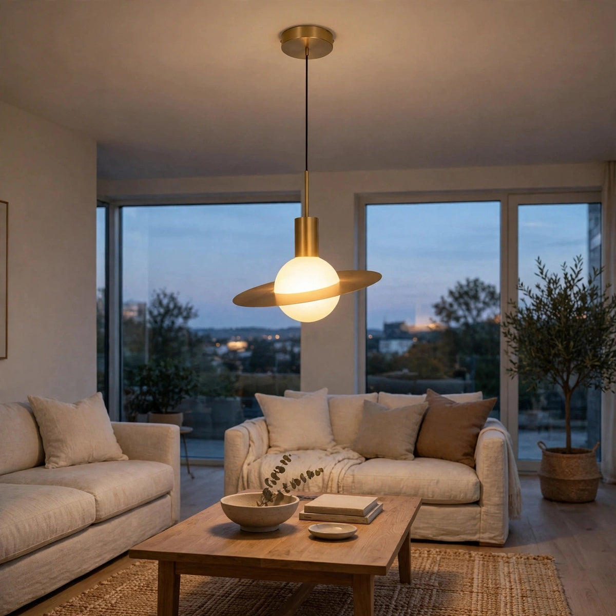 A modern pendant light with a brushed brass finish and a glowing frosted globe shade, suspended in a cozy, contemporary living room with beige sofas and large windows.