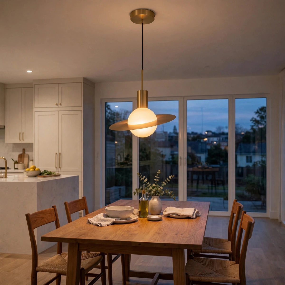 A modern brass pendant light with a glowing frosted globe shade hangs over a wooden dining table in a bright, contemporary kitchen and dining room.