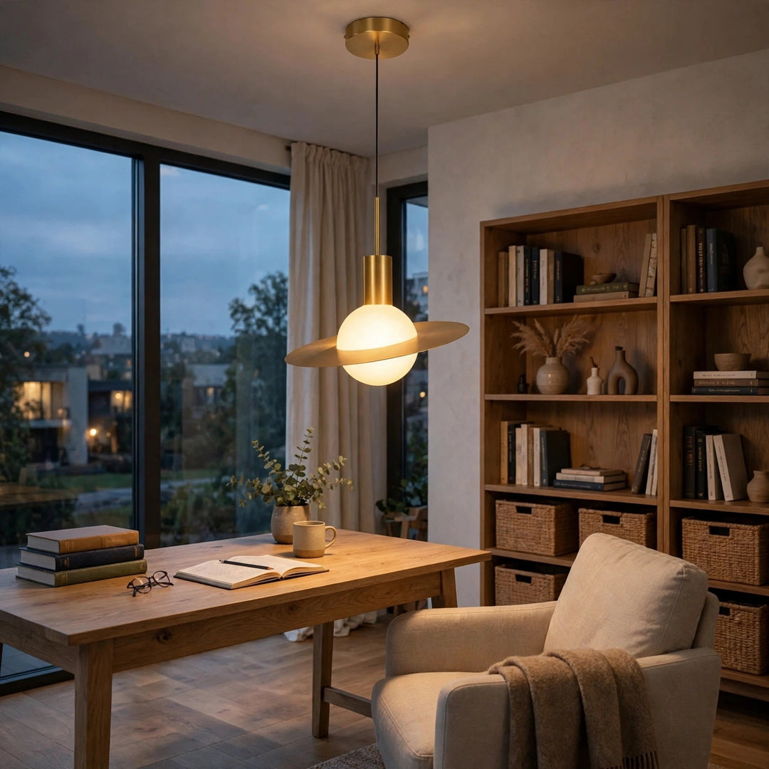 A modern pendant light with a wide, shallow brass-toned metal shade and a glowing white globe bulb, hanging over a wooden desk in a cozy home office setting.