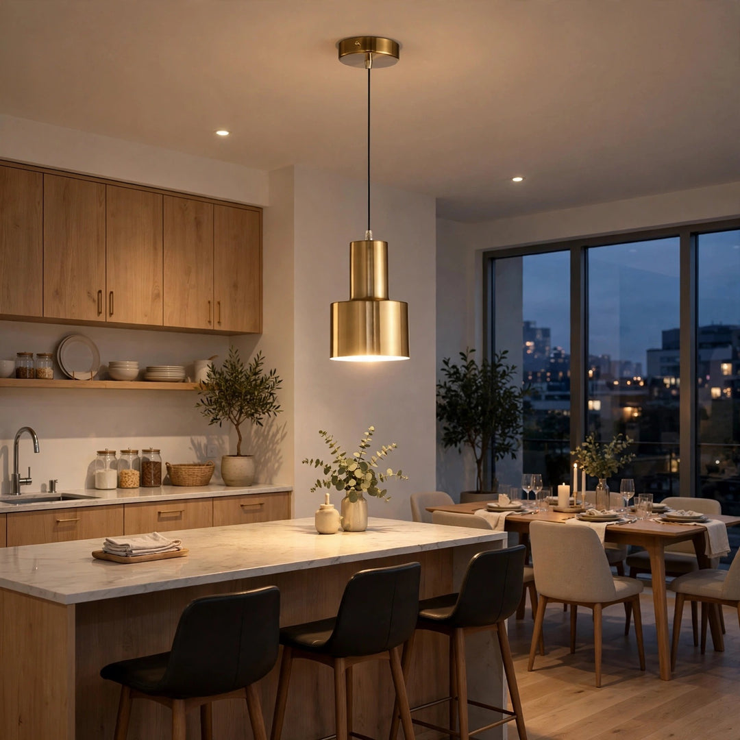 A modern kitchen and dining room interior with a brushed gold pendant light hanging above a kitchen island. The space features light wood cabinetry, a marble countertop, black bar stools, and a dining table with chairs near large floor-to-ceiling windows showing an evening city view.