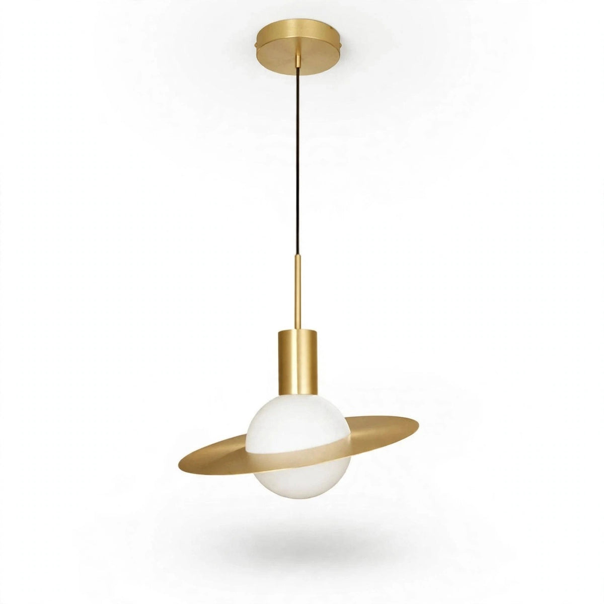 A modern pendant light fixture with a gold-toned metal canopy, rod, and circular band, suspending a frosted white globe shade against a plain white background.