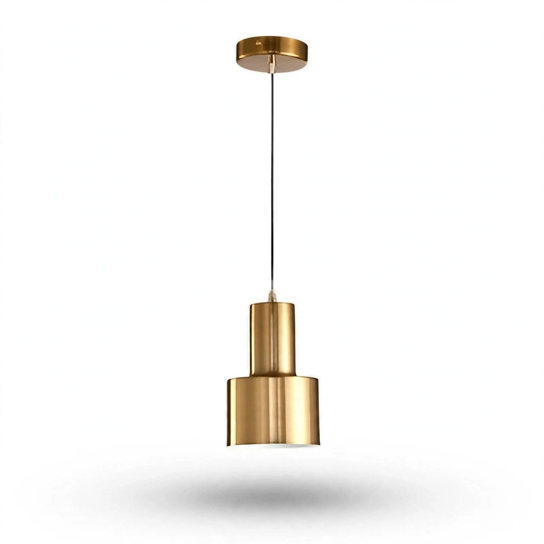 A modern two-tier cylindrical pendant light fixture in a brushed gold finish, suspended by a thin black cord from a matching circular ceiling canopy, shown against a plain white background with a soft shadow below.