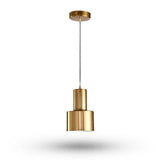 A modern two-tier cylindrical pendant light fixture in a brushed gold finish, suspended by a thin black cord from a matching circular ceiling canopy, shown against a plain white background with a soft shadow below.