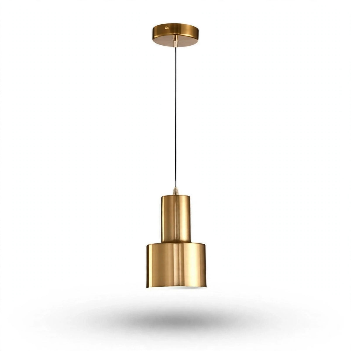 A modern two-tier cylindrical pendant light fixture in a brushed gold finish, suspended by a thin black cord from a matching circular ceiling canopy, shown against a plain white background with a soft shadow below.