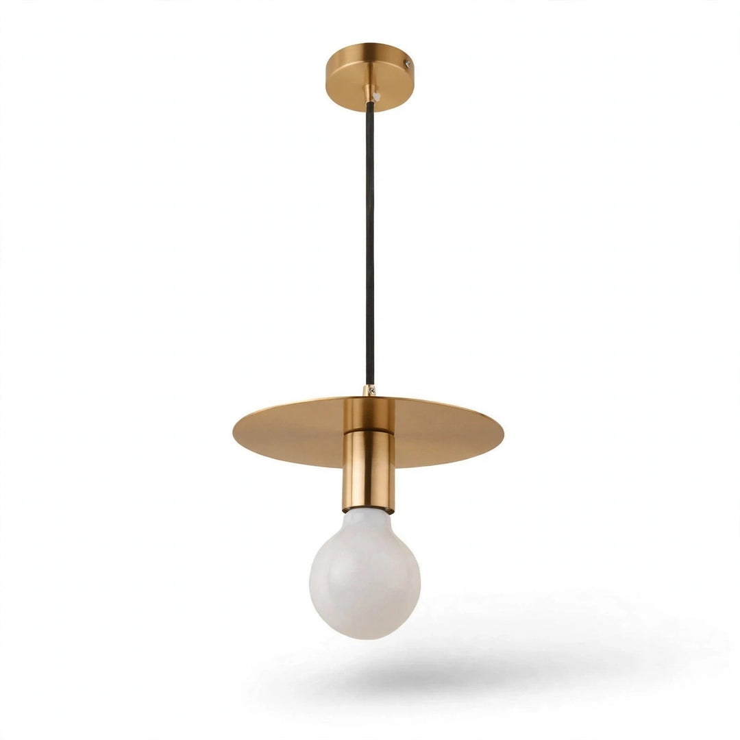 A modern pendant light fixture with a brushed brass/gold ceiling canopy and circular shade, suspended by a black cord from an Edison-style glass bulb, shown against a plain white background.