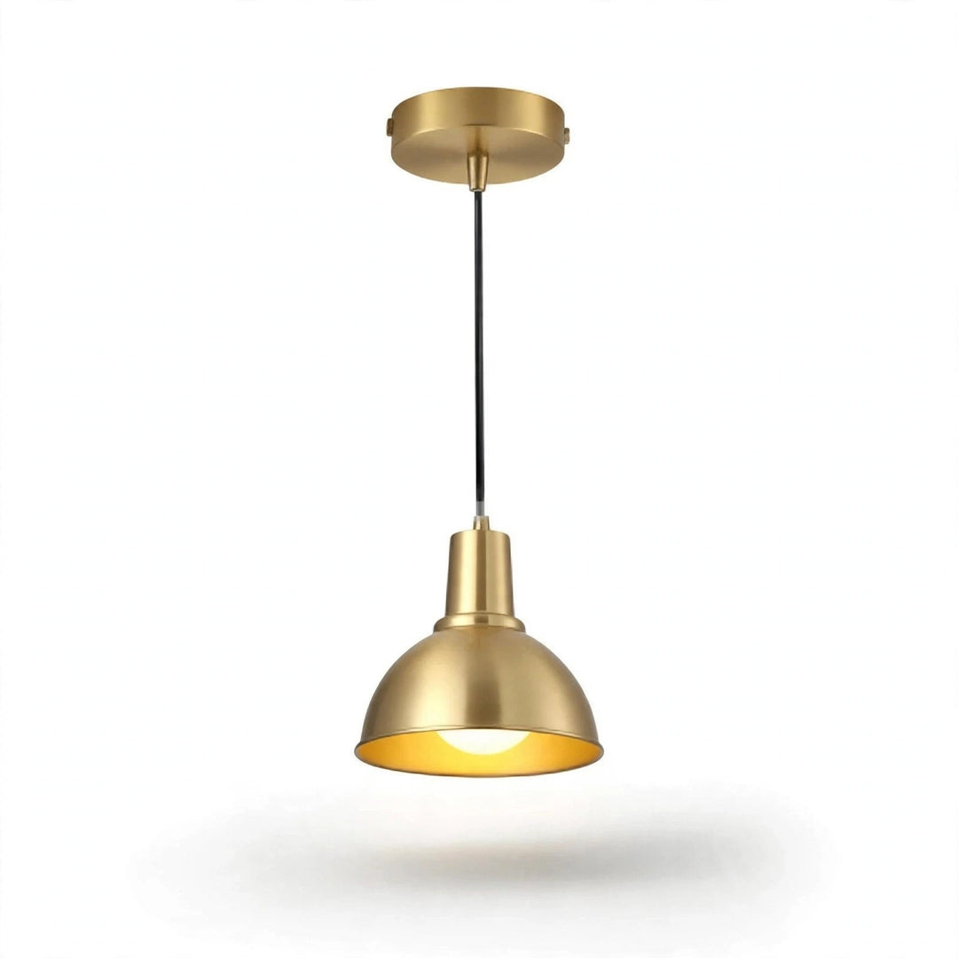 A modern industrial-style pendant light with a brushed brass/gold ceiling canopy, a black hanging cord, and a matching dome-shaped shade with a polished gold interior, shown against a plain white background.