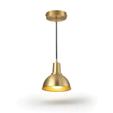 A modern industrial-style pendant light with a brushed brass/gold ceiling canopy, a black hanging cord, and a matching dome-shaped shade with a polished gold interior, shown against a plain white background.