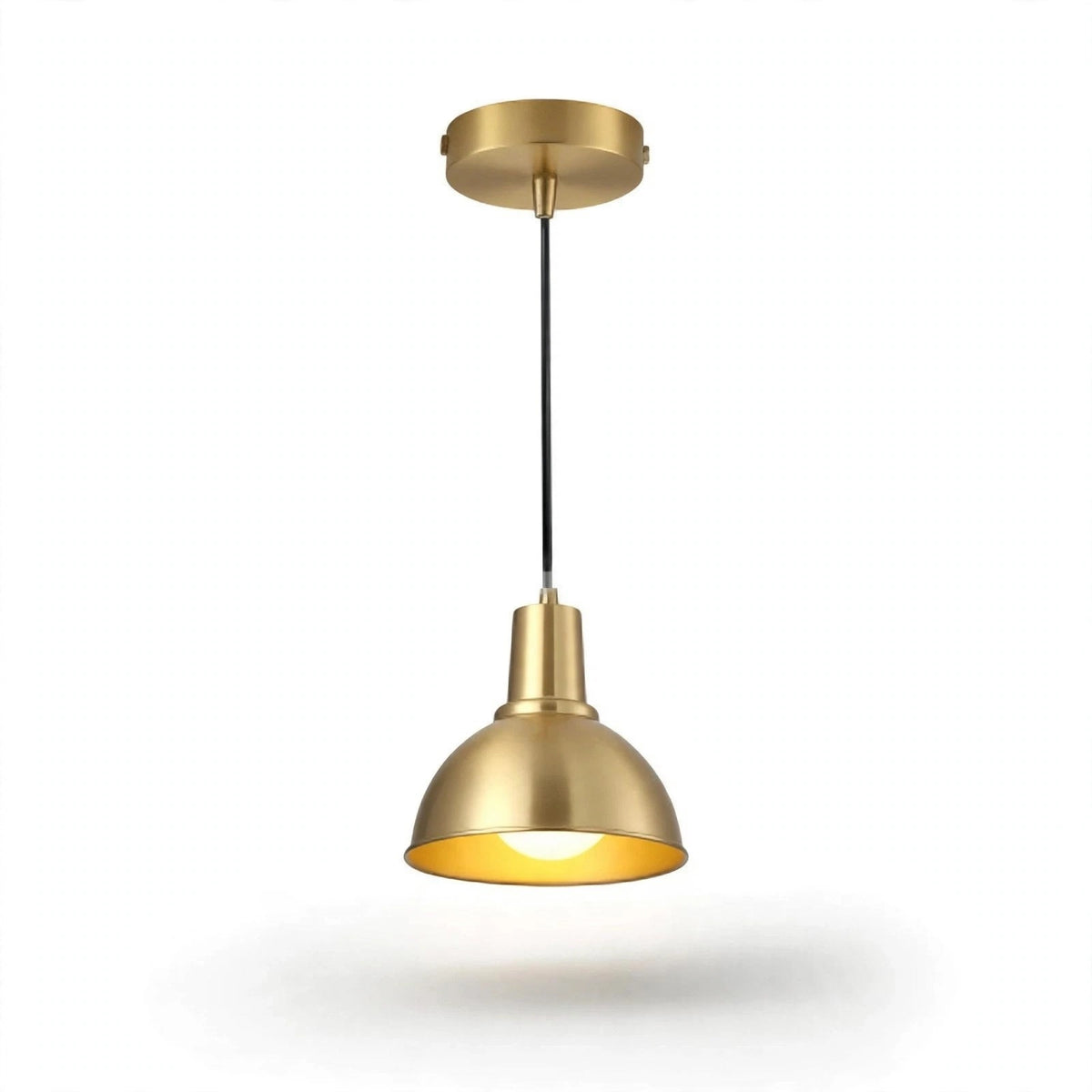 A modern industrial-style pendant light with a brushed brass/gold ceiling canopy, a black hanging cord, and a matching dome-shaped shade with a polished gold interior, shown against a plain white background.