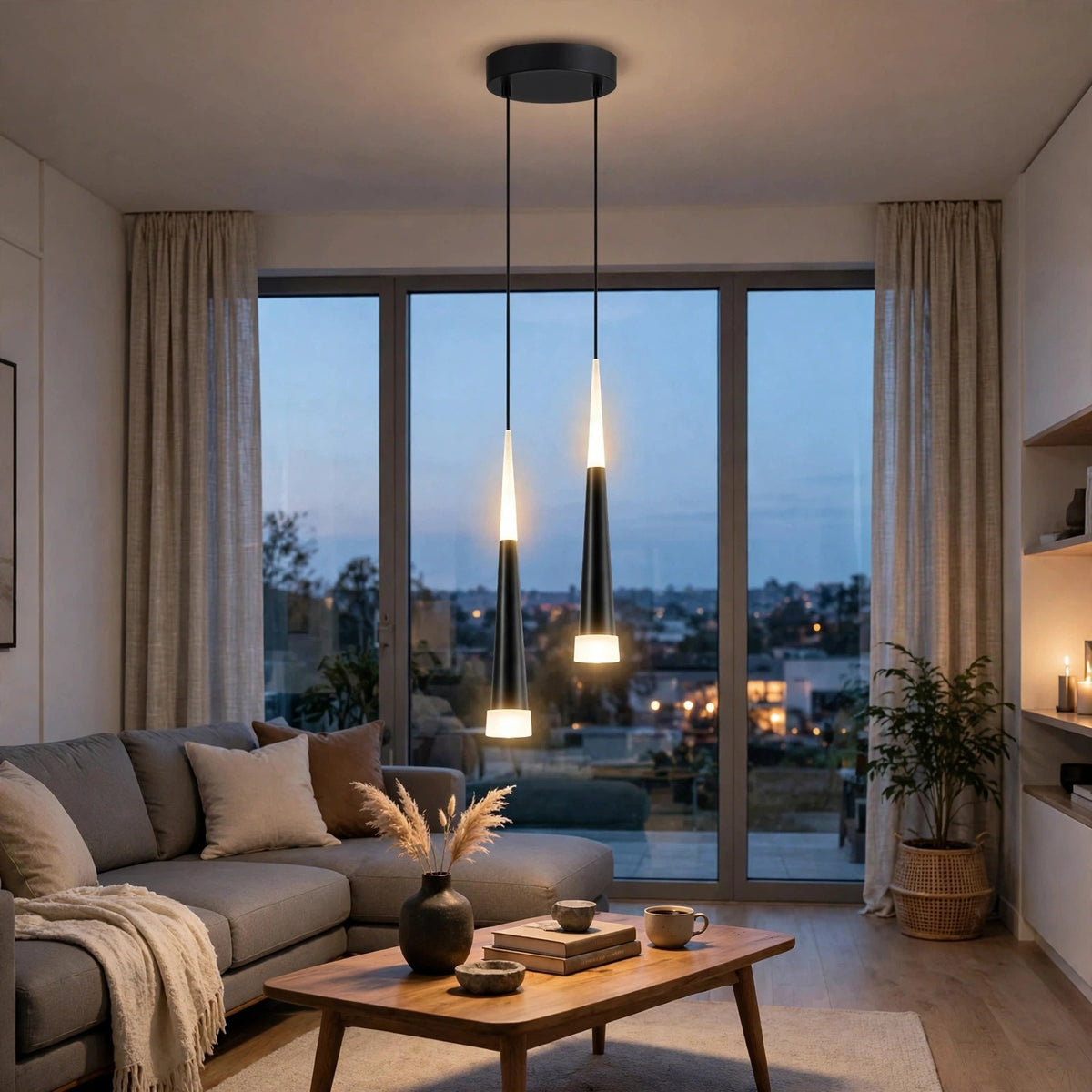 Modern two-light linear pendant ceiling fixture in a black finish, illuminated with a warm glow in a contemporary living room setting.