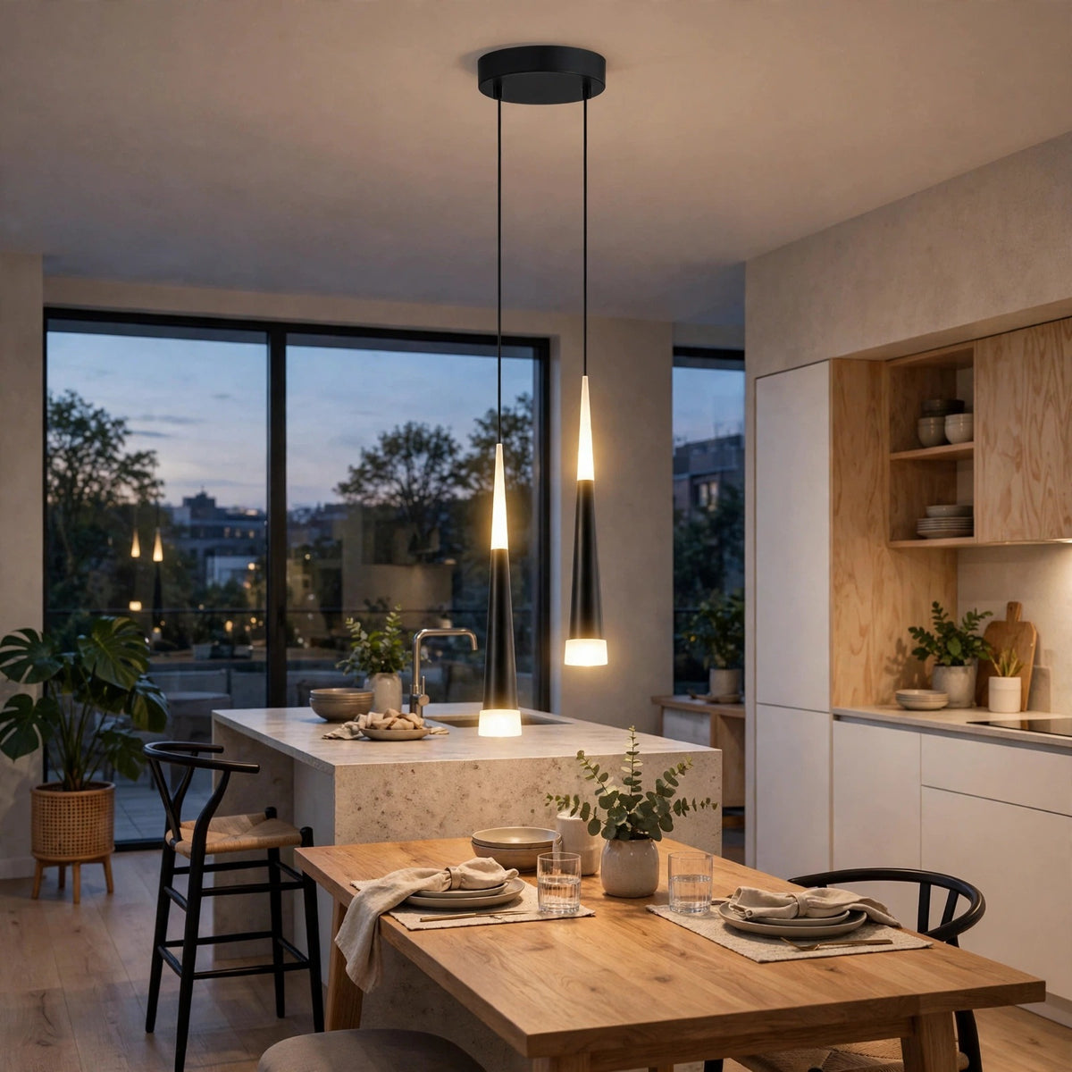 Modern three-light linear pendant chandelier with warm white glowing bulbs hanging over a dining table in a contemporary kitchen and dining room setting.
