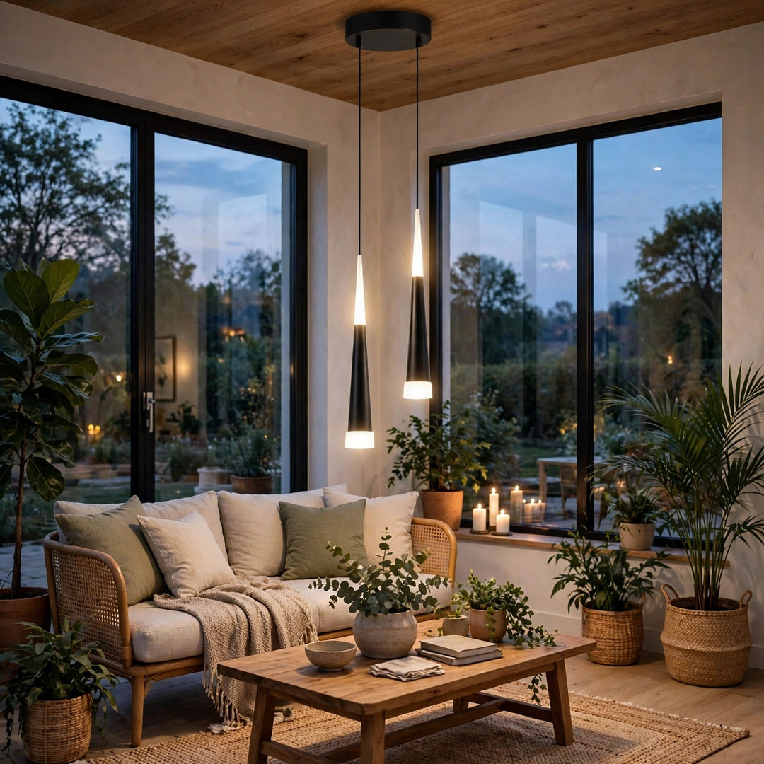 Modern black pendant lights hanging over a cozy living room setup with a wicker sofa, wooden coffee table, and numerous potted plants in front of large windows at dusk.