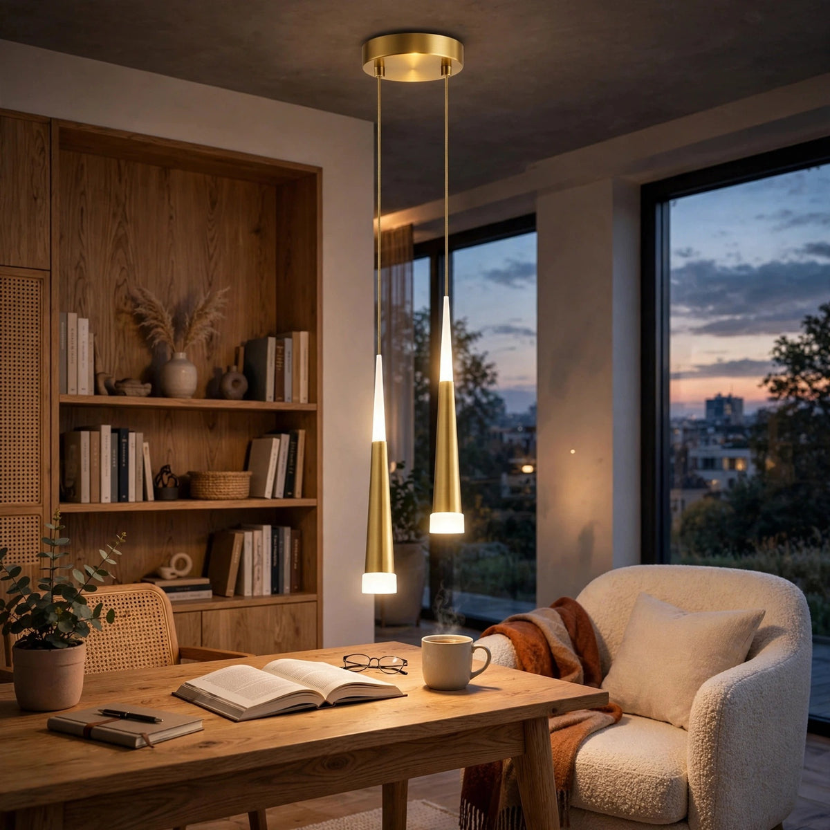 A modern two-light pendant chandelier with slim gold-toned rods and frosted white glass shades hangs over a wooden desk in a warm, contemporary home office. The room features a wooden bookshelf, a cozy cream-colored armchair with a brown throw blanket, and large windows showing a sunset view.