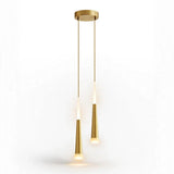 A modern two-light linear pendant ceiling fixture in brushed gold with frosted white cylindrical shades, suspended against a clean white background.