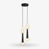 Modern black pendant light fixture with two tapered glass shades hanging from a circular ceiling canopy against a light gray background.