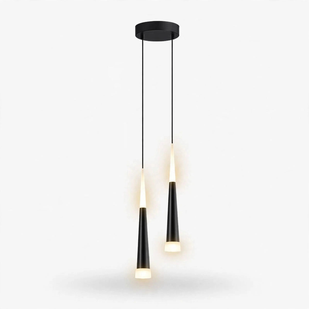 Modern black pendant light fixture with two tapered glass shades hanging from a circular ceiling canopy against a light gray background.