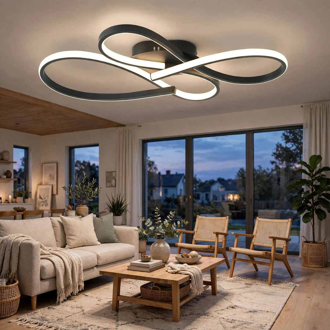 Modern ceiling light fixture with an infinity-shaped black frame and glowing white LED strips, installed in a contemporary living room with a sofa, coffee table, and large windows.