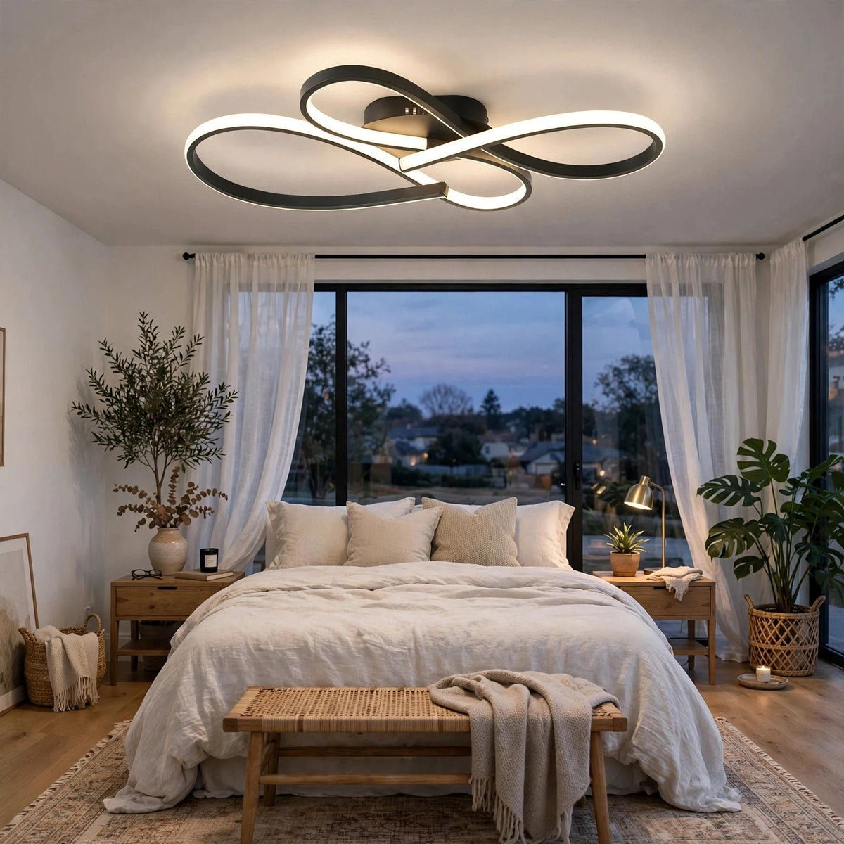 Modern LED ceiling light fixture with a black abstract loop design and white illuminated bands, shown installed in a bright contemporary bedroom with a bed, plants, and large windows.