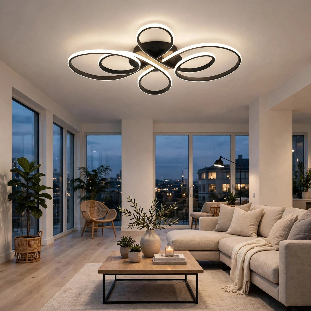 Modern multi-ring LED ceiling light with a black frame and warm white glow, installed in a contemporary living room with a beige sectional sofa, wooden coffee table, and large windows overlooking a city skyline at dusk.