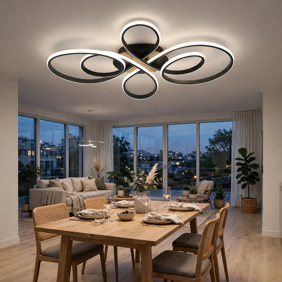 Modern ceiling light fixture with multiple interlocking circular rings in a black and brushed metal finish, illuminated in a contemporary dining room with a wooden table, chairs, and large windows overlooking a city view at dusk.