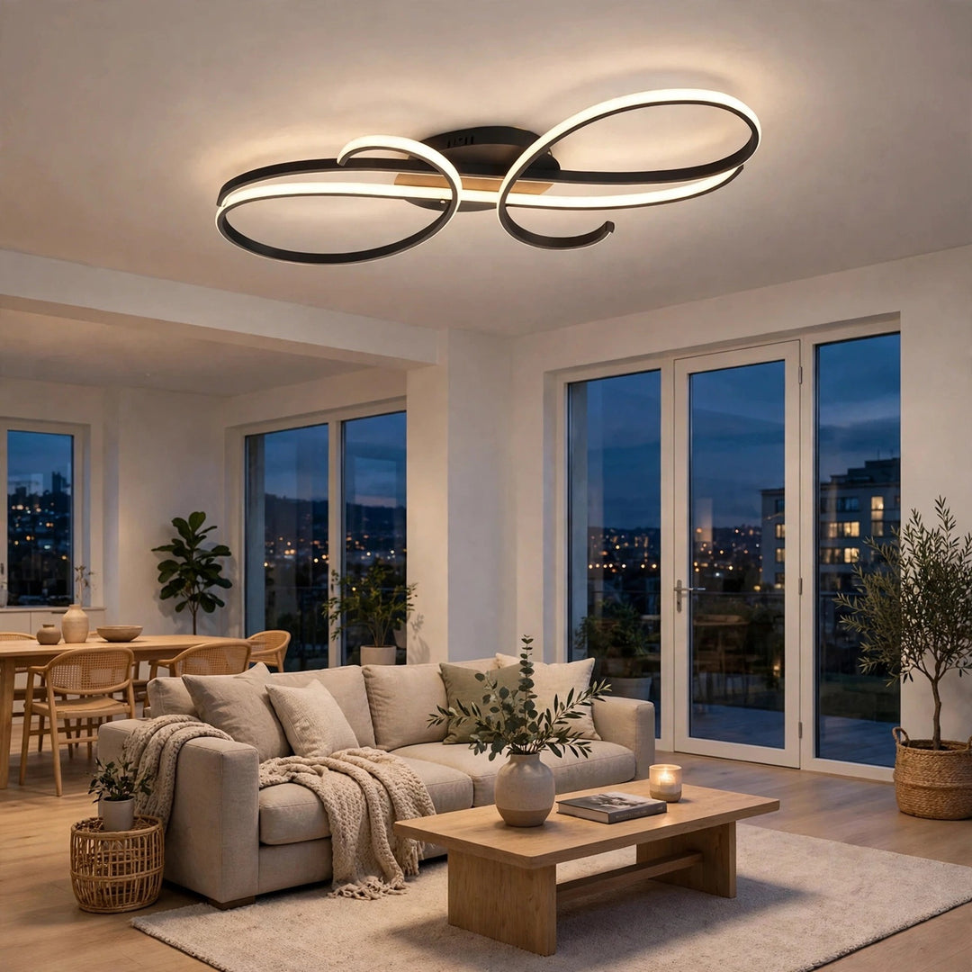 Modern multi-ring LED ceiling light fixture with a black frame and warm white glow, installed in a contemporary living room with large windows and a beige sofa.