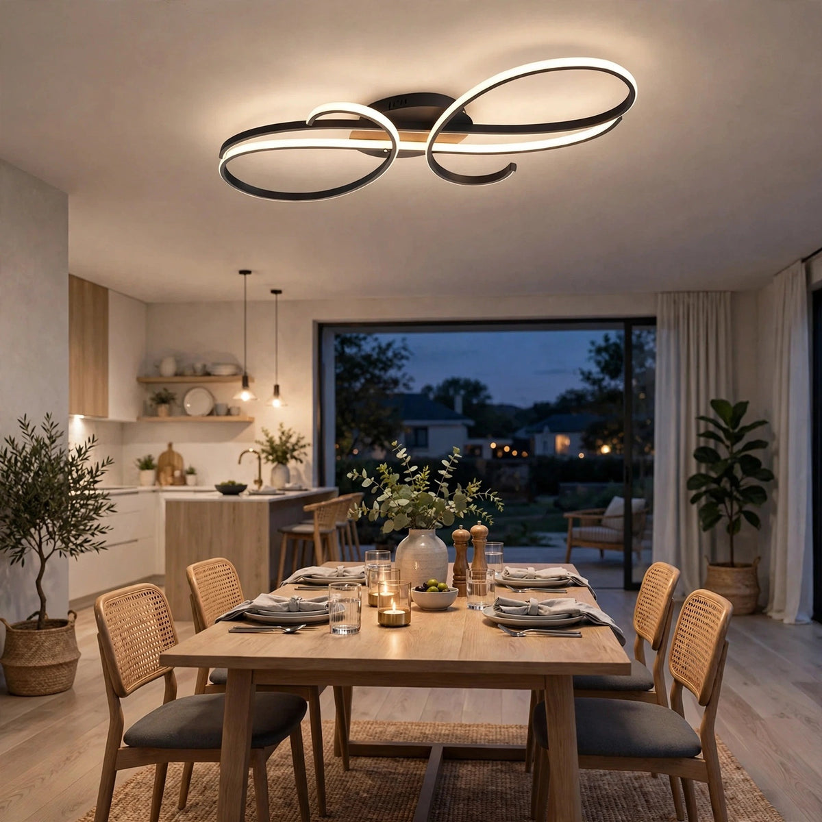 A black ceiling light with illuminated looping curves casts warm light above a wooden dining table beside an open kitchen.