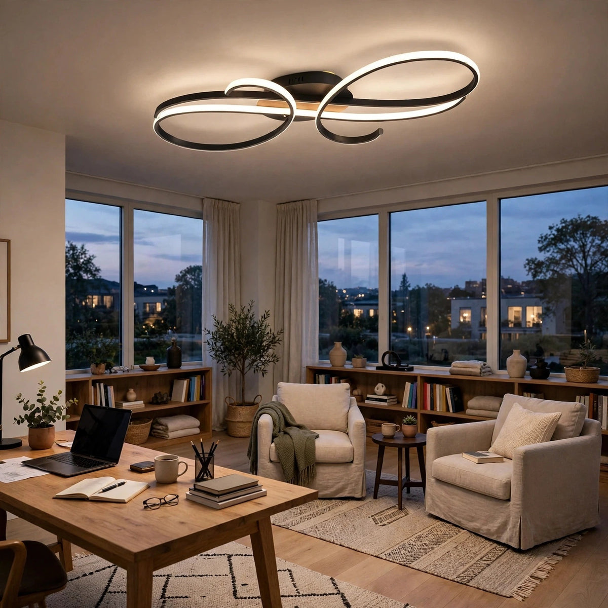 A modern ceiling light fixture with interlocking black rings and a glowing white LED border, installed in a stylishly decorated living room with large windows and cozy armchairs.
