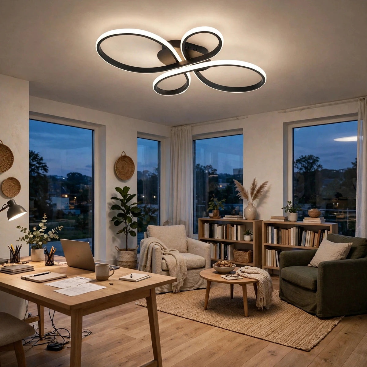 Modern multi-ring LED ceiling light with a black frame and white illuminated rings, shown installed in a contemporary, well-lit living room with wooden floors, bookshelves, and large windows.
