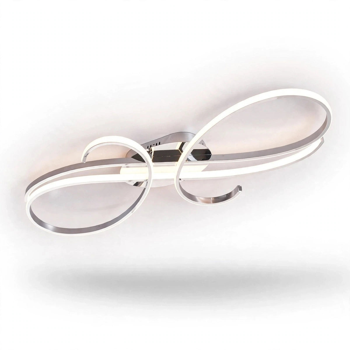 A silver ceiling light with reflective curled loops and white illuminated strips is shown against a white background with a soft shadow.