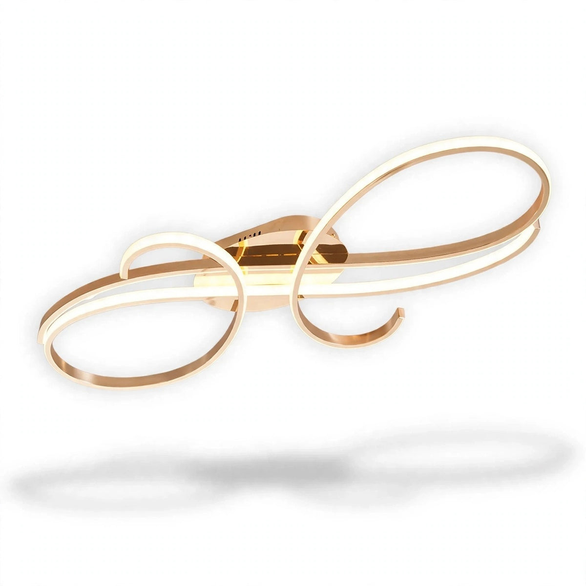A gold ceiling light with sweeping looped bands and glowing white LED edges appears against a white background.