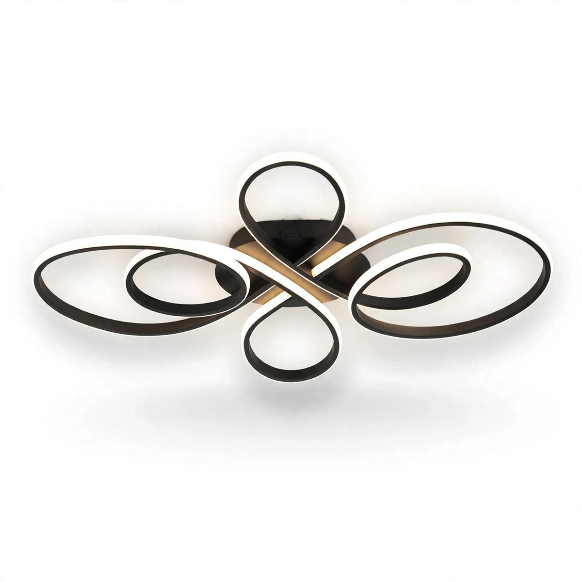 A black ceiling light with intersecting spiral loops and glowing white edges is shown against a plain white background.