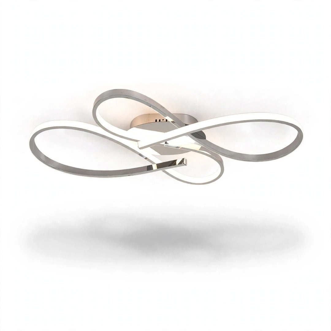 Modern ceiling light fixture with two interlocking curved metallic loops in a brushed silver finish, with a warm white frosted diffuser, shown against a plain white background with a soft shadow below.