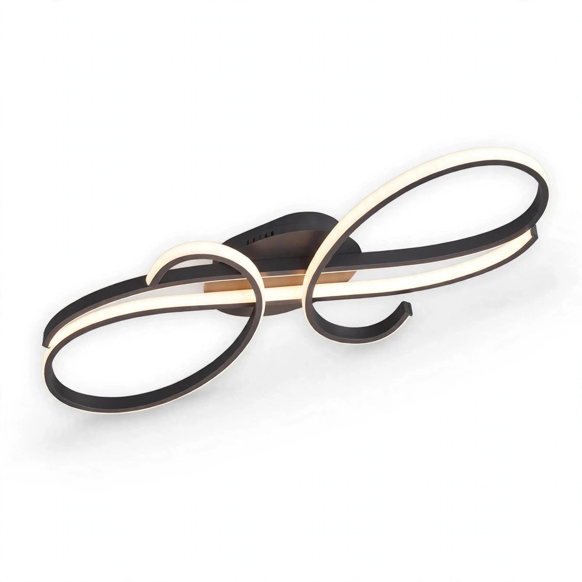 A black ceiling light with glowing loops and a round mounting base appears in a close angled view against white.