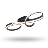 Modern linear LED ceiling light fixture with two intersecting oval rings in black and white, shown floating against a solid white background with a soft shadow underneath.