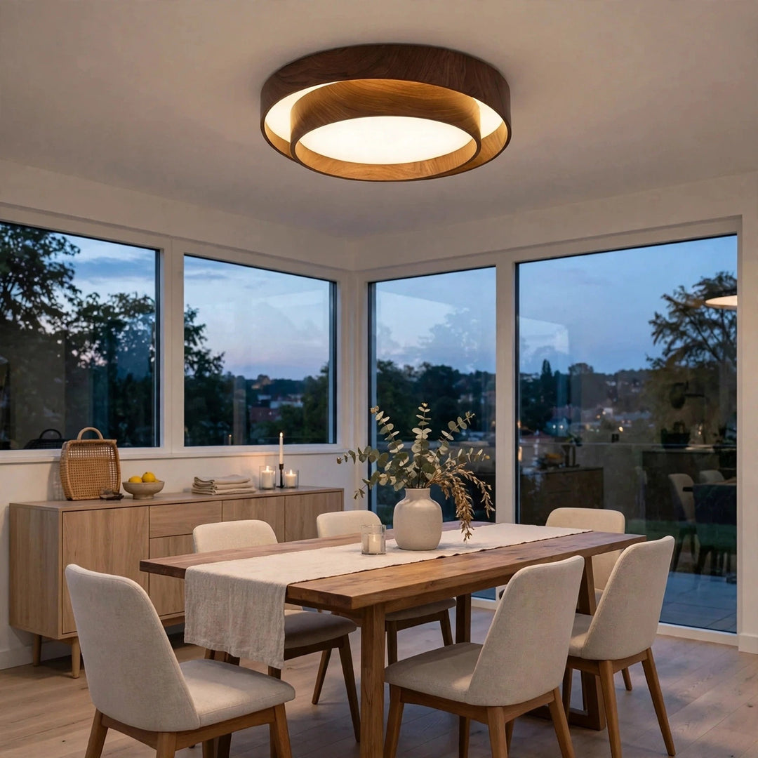 A modern semi-flush mount ceiling light with concentric wooden rings and a glowing white LED center, installed in a bright dining room with large windows overlooking a city skyline at dusk.
