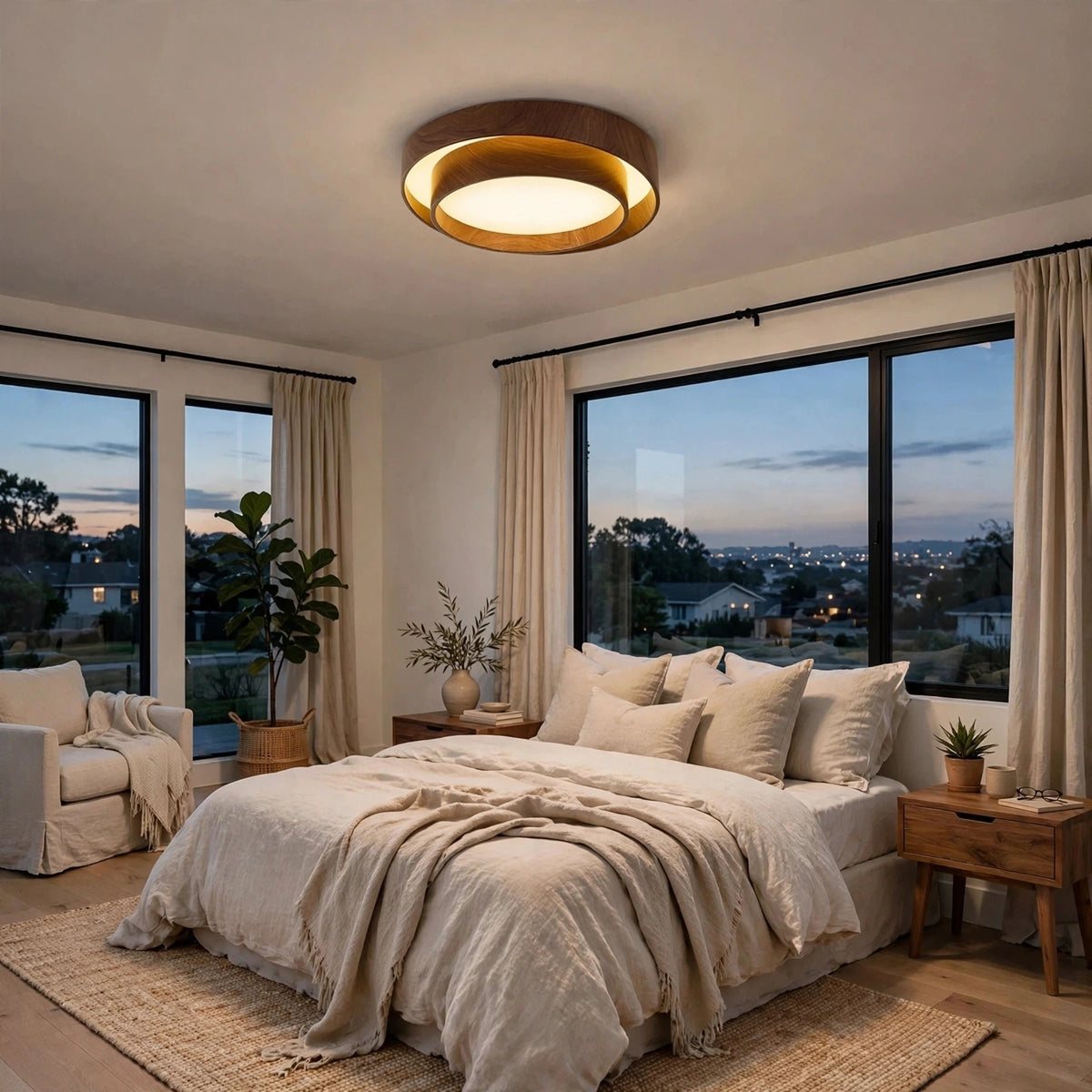 A modern circular ceiling light with a warm wood frame and glowing white glass, installed in a beautifully styled bedroom with beige bedding, large windows, and a view of the evening sky.