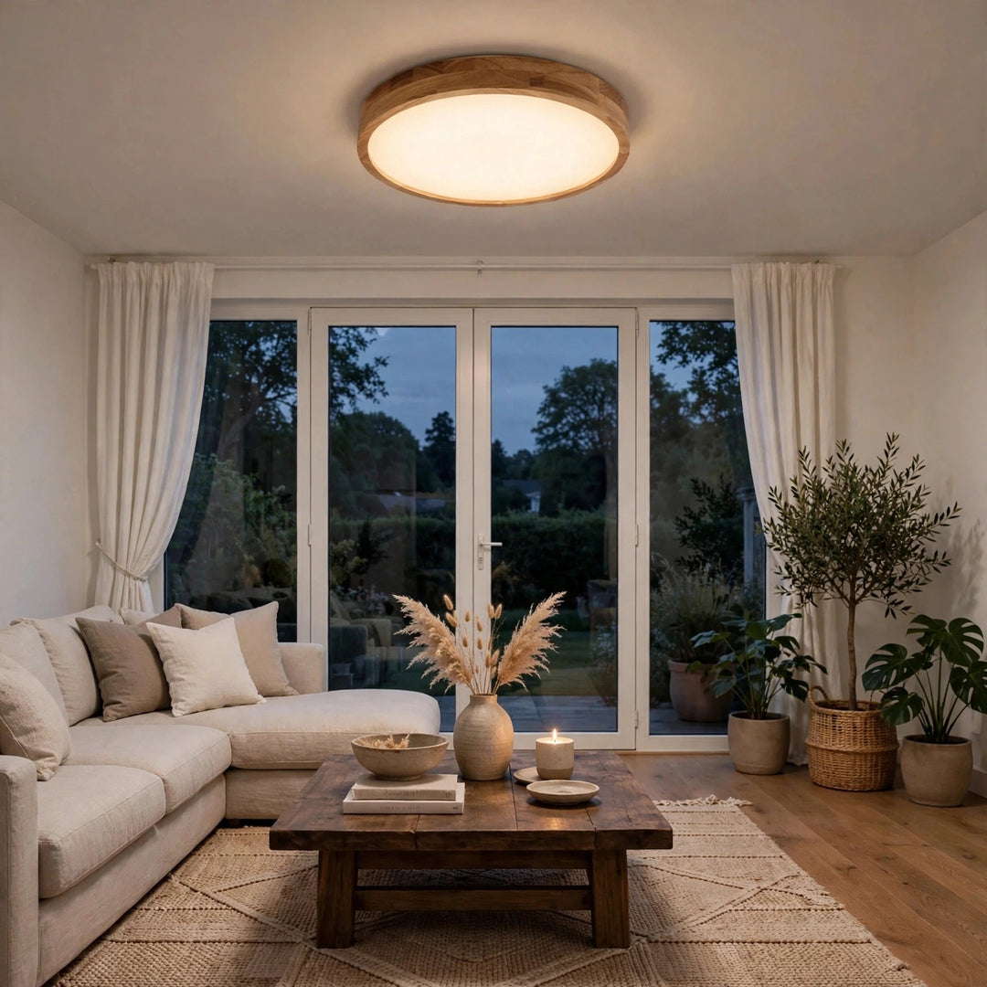 A round flush-mount ceiling light with a natural wood rim and a warm glowing frosted glass center, installed in a modern living room with a beige sofa, wooden coffee table, and large windows.