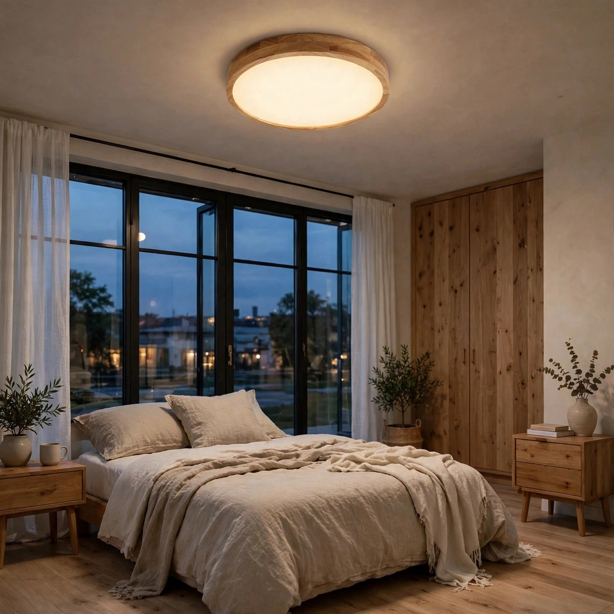 A modern flush-mount ceiling light with a warm wood rim and glowing frosted glass, installed in a cozy, minimally styled bedroom with a bed, nightstands, and large windows.