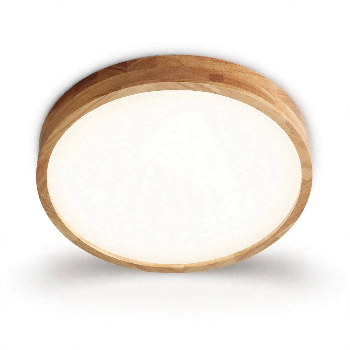 A flush-mount circular ceiling light fixture featuring a natural light wood frame and a bright white diffuser, shown against a plain white background.