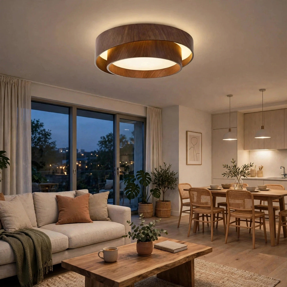 A brown woodgrain flush mount light with illuminated circular rings sits above a cream sofa in an open living and dining room.