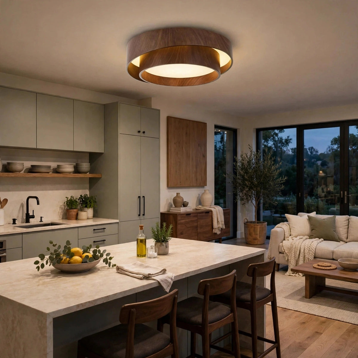A brown woodgrain flush mount light illuminates a kitchen island beside gray cabinets and an adjoining living area.