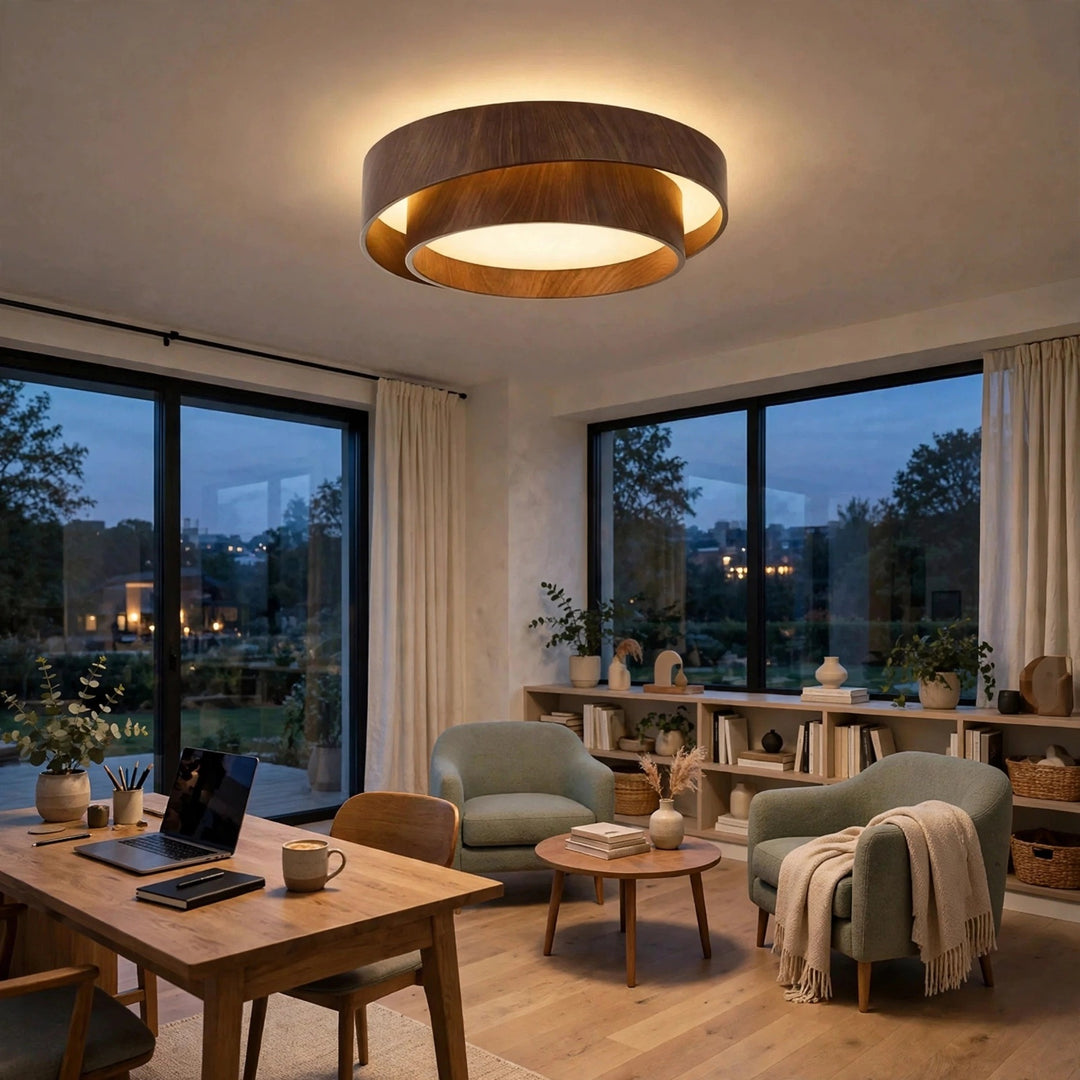 A brown woodgrain flush mount light glows above a home office seating area with green armchairs, a wooden desk, and large windows.