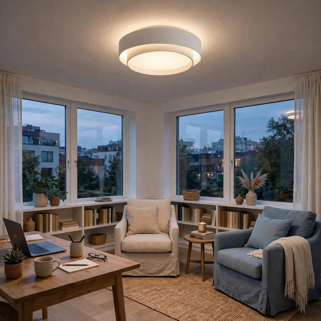 A modern circular flush-mount ceiling light with a white outer ring and a warm white glowing inner diffuser, installed in a bright, contemporary living room with large windows and cozy armchairs.