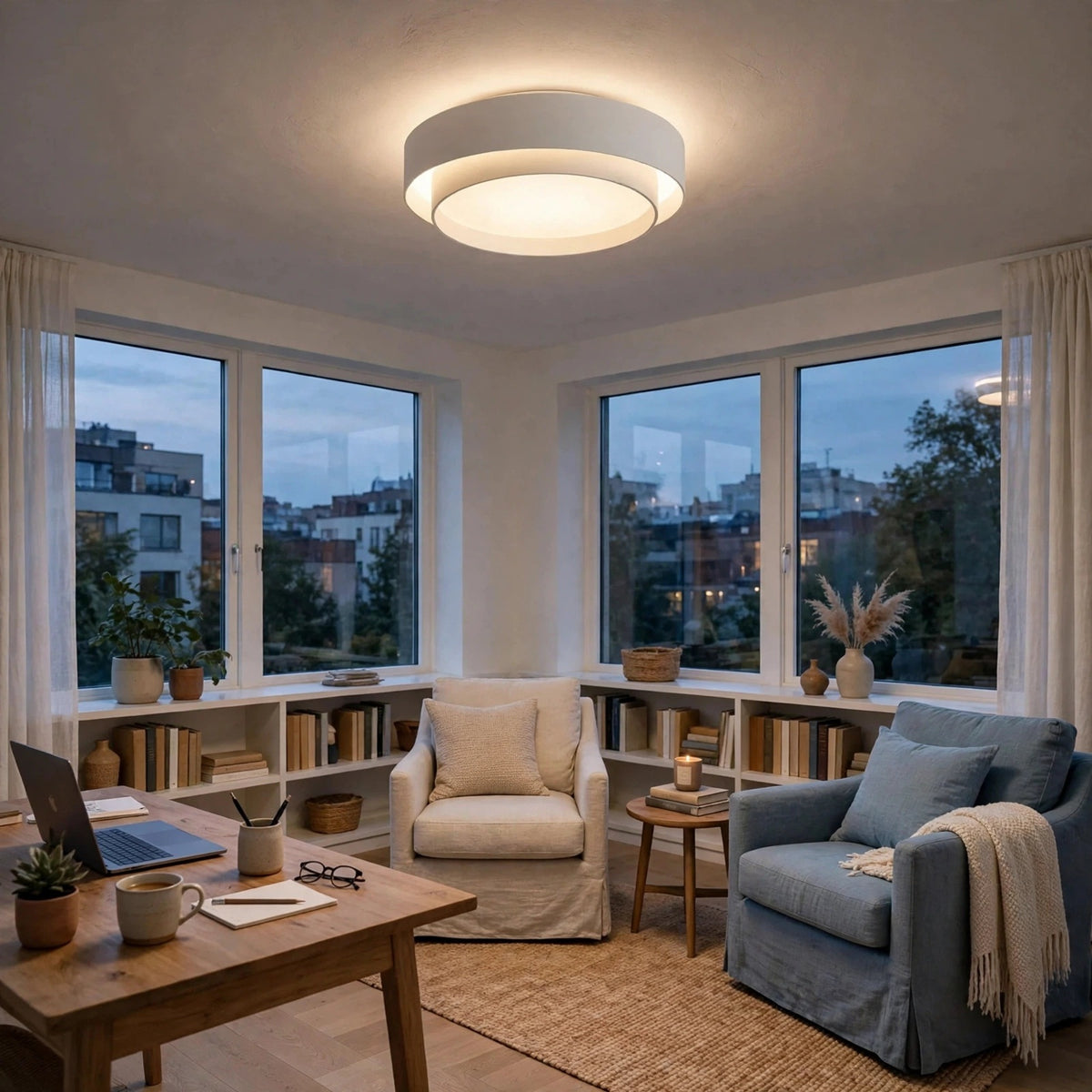 A modern circular flush-mount ceiling light with a white outer ring and a warm white glowing inner diffuser, installed in a bright, contemporary living room with large windows and cozy armchairs.
