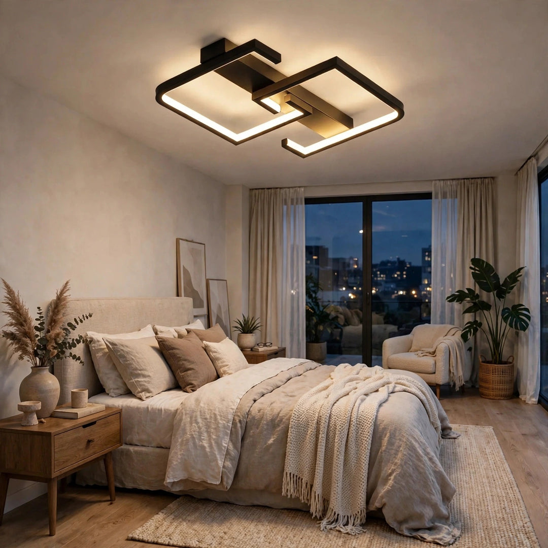 Modern geometric ceiling light fixture with a black metal frame and warm white LED lighting, shown installed in a contemporary bedroom with beige bedding, wooden nightstands, and large windows overlooking a city skyline at dusk.