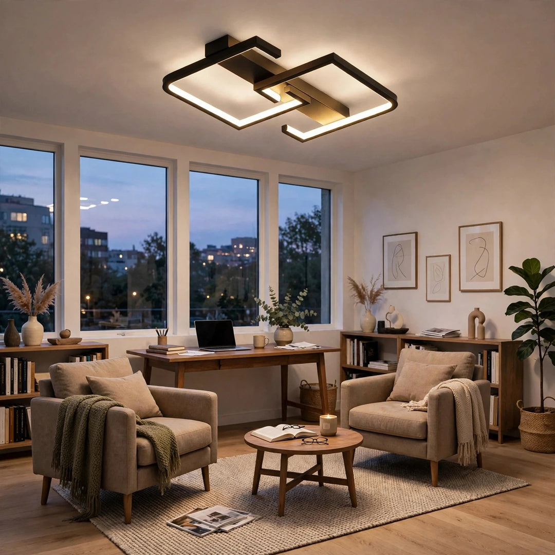 Modern geometric ceiling light fixture with black and gold metal frames and integrated LED lighting, shown installed in a contemporary living room with beige armchairs, a wooden desk, and large windows.