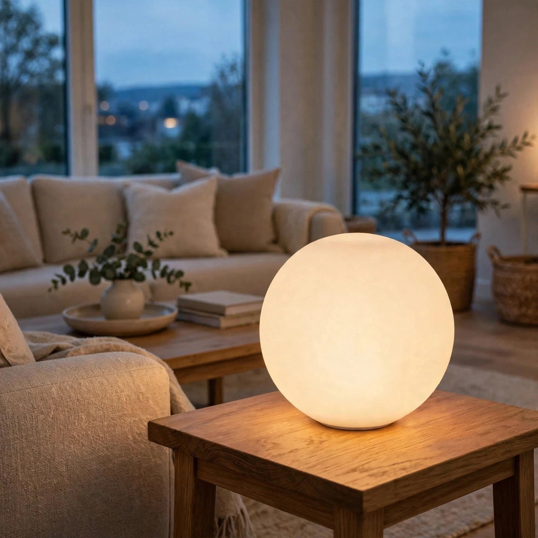 White glass globe wall sconce displayed on a wooden side table beside a beige sofa, glowing warmly near large windows.