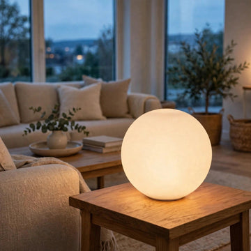 White glass globe wall sconce displayed on a wooden side table beside a beige sofa, glowing warmly near large windows.