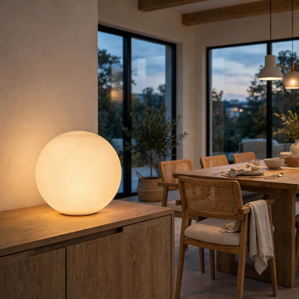 White glass globe wall sconce displayed on a wooden sideboard in a dining room with woven chairs and large windows.