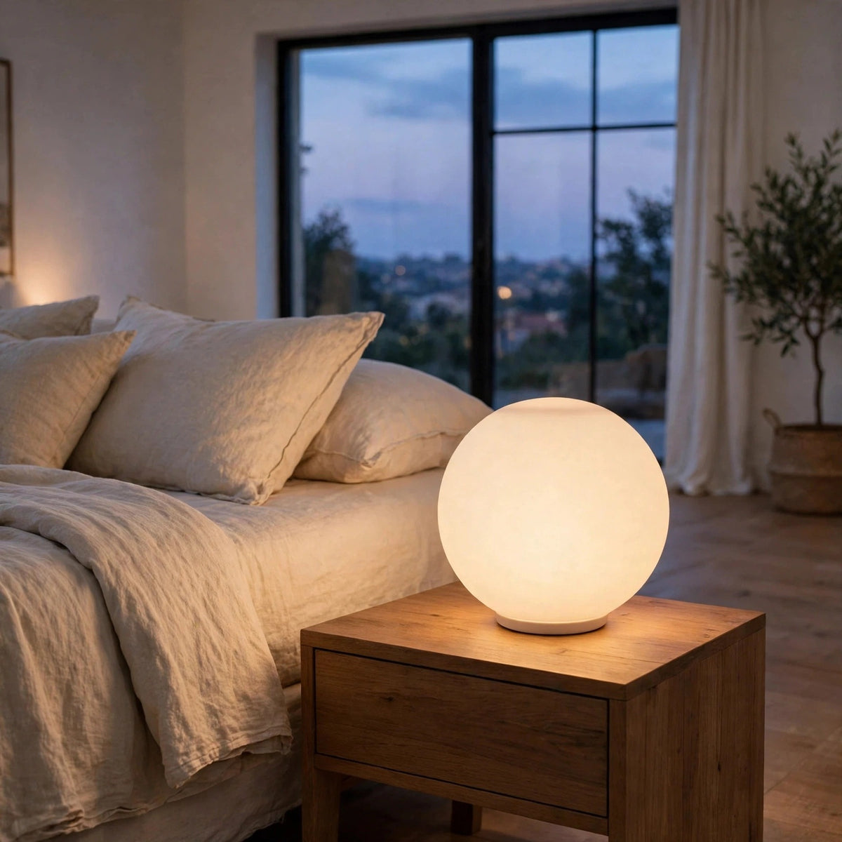 White glass globe wall sconce displayed on a wooden nightstand beside cream bedding, with a large window behind.