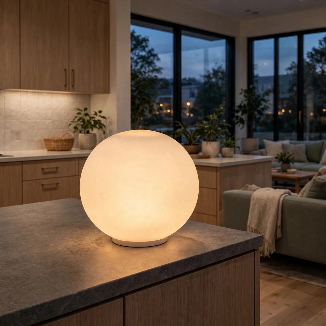 White glass globe wall sconce displayed on a kitchen island, glowing warmly against wooden cabinets and tall windows.